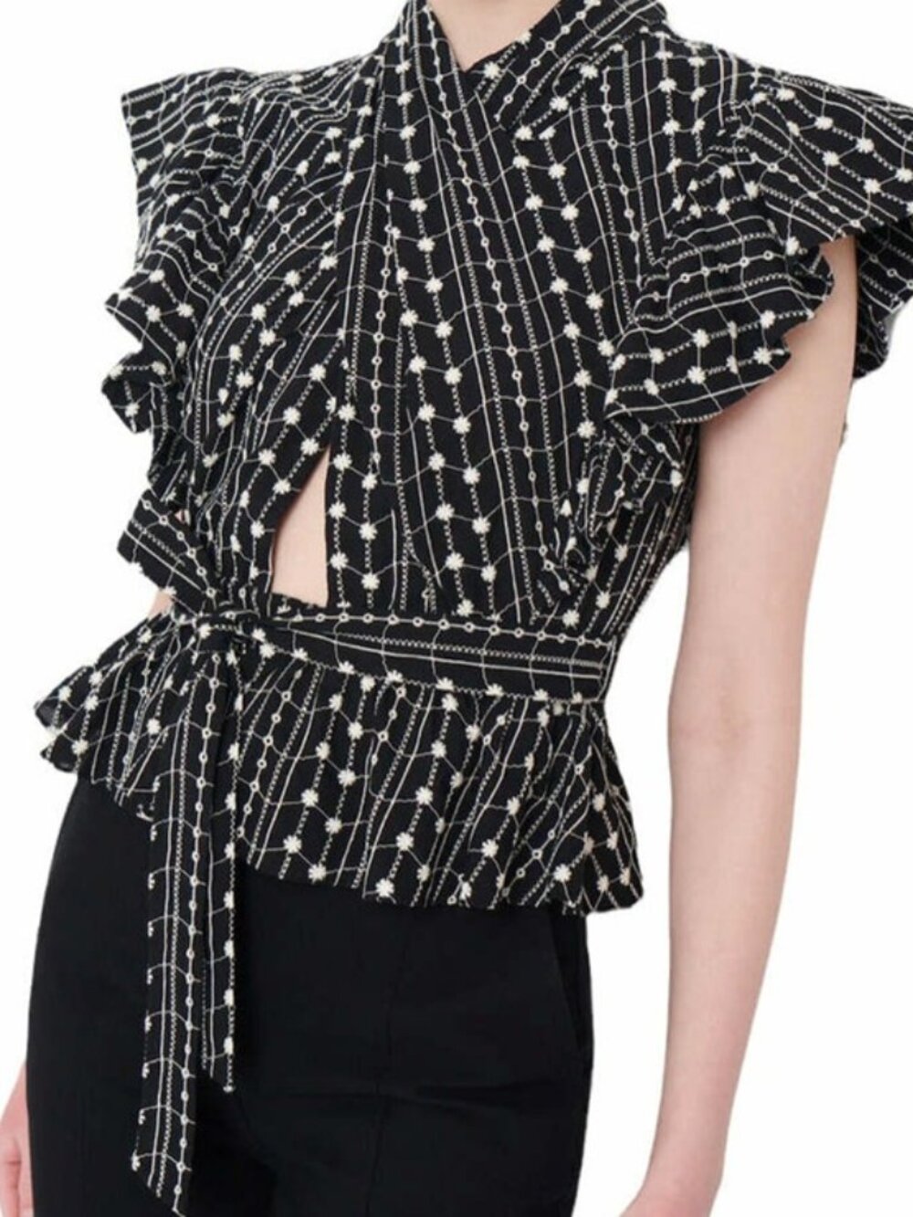Derek Lam 10 Crosby Top 4 S Brynn Ruffle Blouse Belted Black Floral Embroidered